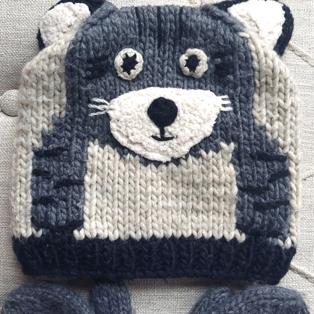 Toddler Bear ears Beanie Hat and Mitten Set - cream gray - size 3-6
